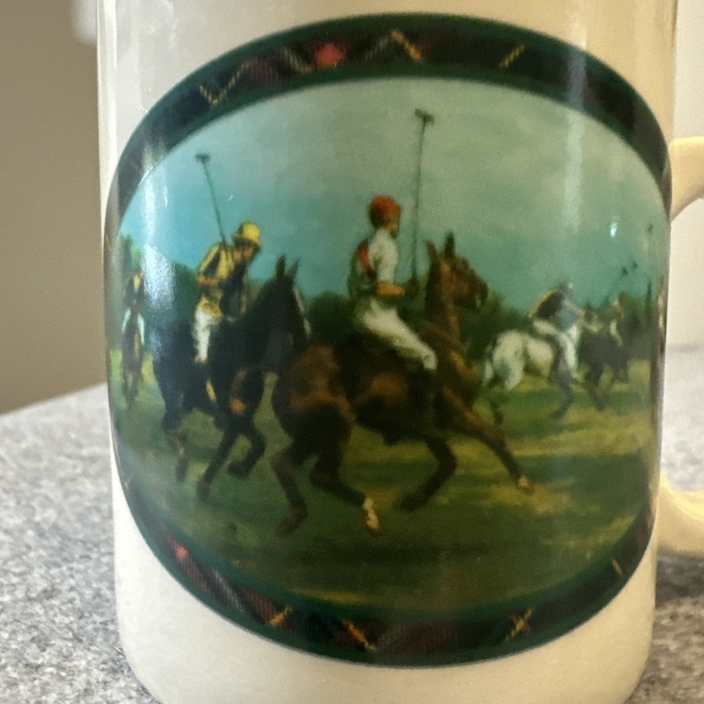 Vintage Ralph Lauren Tartan Plaid Polo Players Coffee Mug 8 oz White Equestrian